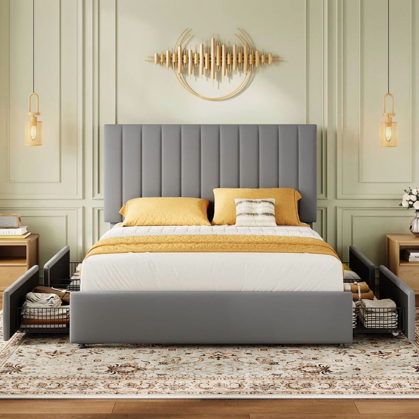Amolife Bed Frame with Adjustable Velvet-wrapped Headboard and 4 Storage Drawers