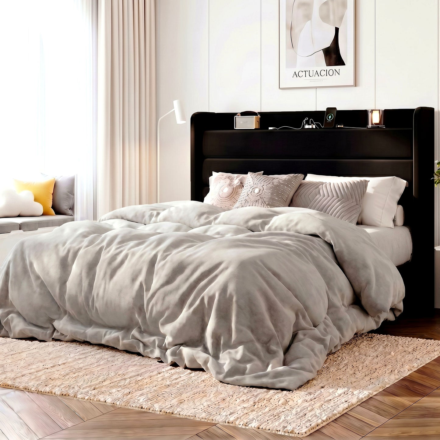 Amolife Platform Bed Frame with Upholstered Velvet Wingback Slat Headboard & Built-In Charging Station