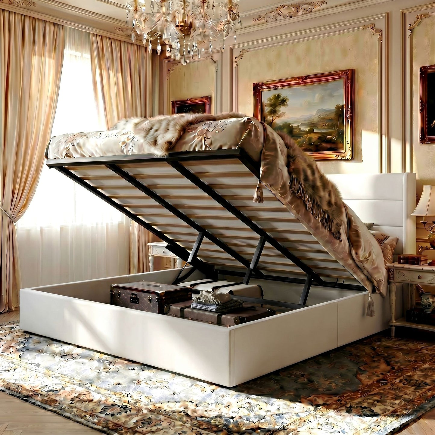 Amolife Lift Up Storage Bed Frame With Upholstered Wingback Headboard, Hydraulic Support, No Box Spring Needed