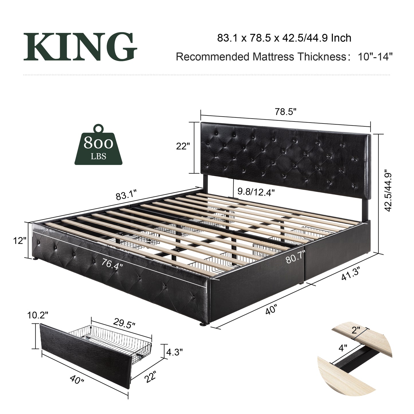 Amolife Faux Leather Platform Bed Frame with 4 Storage Drawers, Button Tufted Style Hedboard