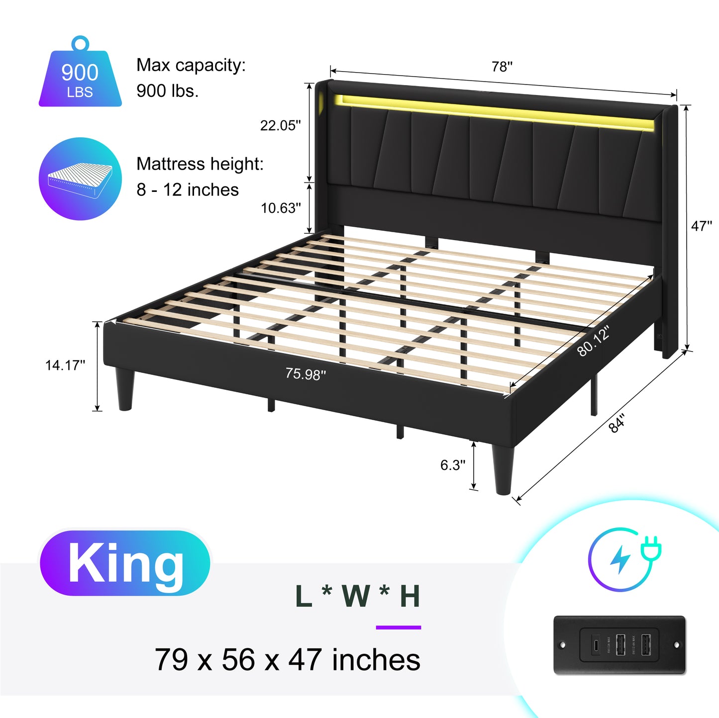 Amolife Bed Frame with Charging Station & LED Light, Velvet Upholstered Platform Bed with Geometric Wingback Headboard