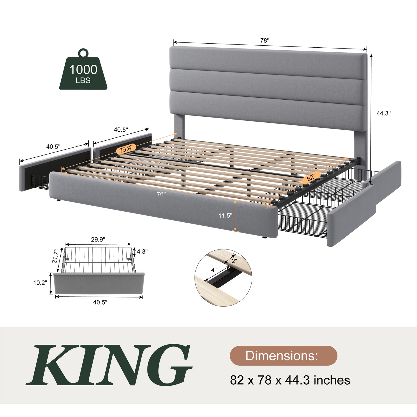 Amolife Upholstered Platform Bed Frame with 4 Storage Drawers & Velvet Slat Headboard