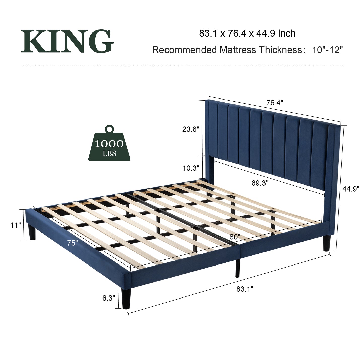 Velvet Upholstered Platform Bed Frame with Headboard, Strong Wood Slats Support