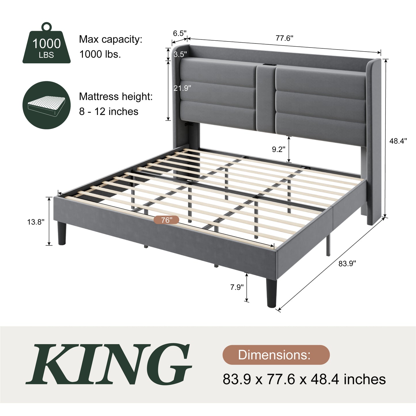Amolife Upholstered Platform Bed Frame with Velvet Wingback Headboard & USB Charging Ports, No Box Spring Needed