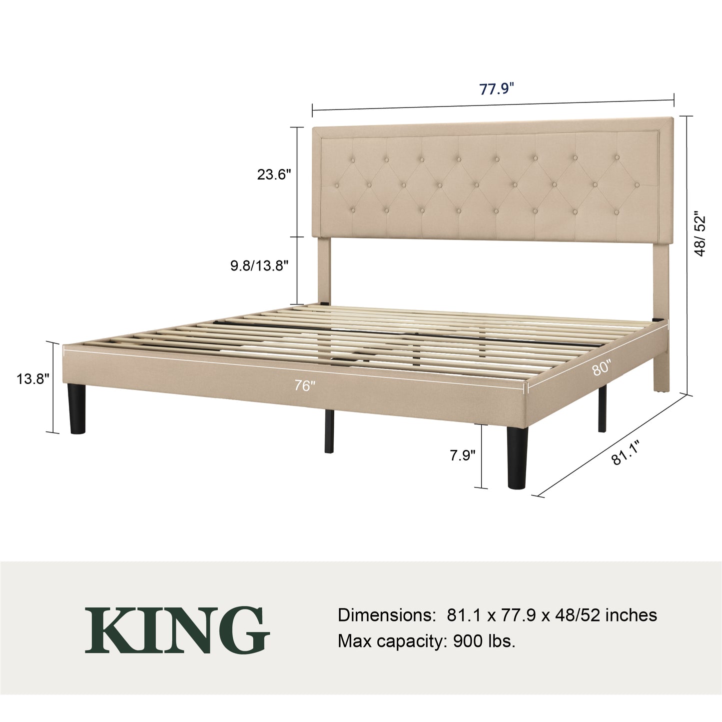 Amolife Fabric Upholstered Platform Bed Frame with Button Tufted Headboard