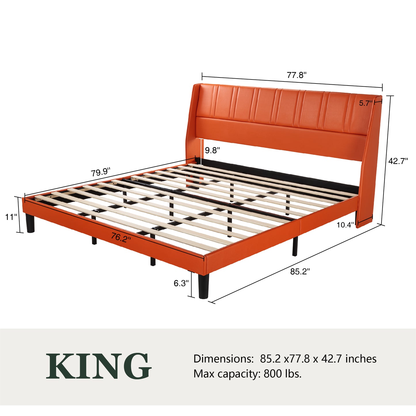 Queen Size Faux Leather Platform Bed Frame with Luxurious Wingback Headboard,Orange