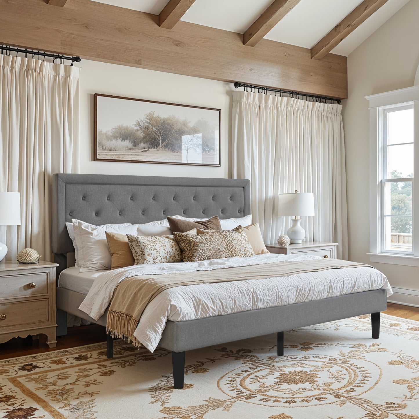 Amolife Fabric Upholstered Platform Bed Frame with Button Tufted Headboard