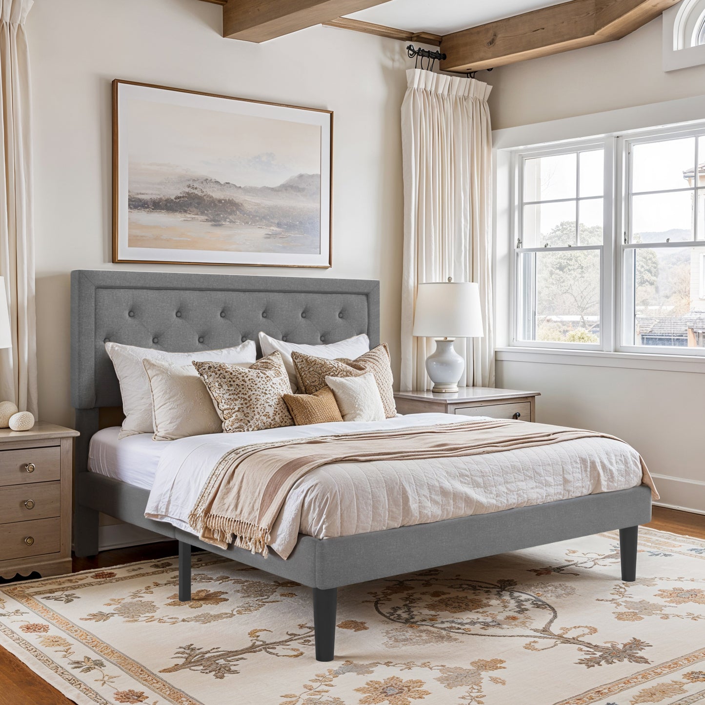 Amolife Fabric Upholstered Platform Bed Frame with Button Tufted Headboard