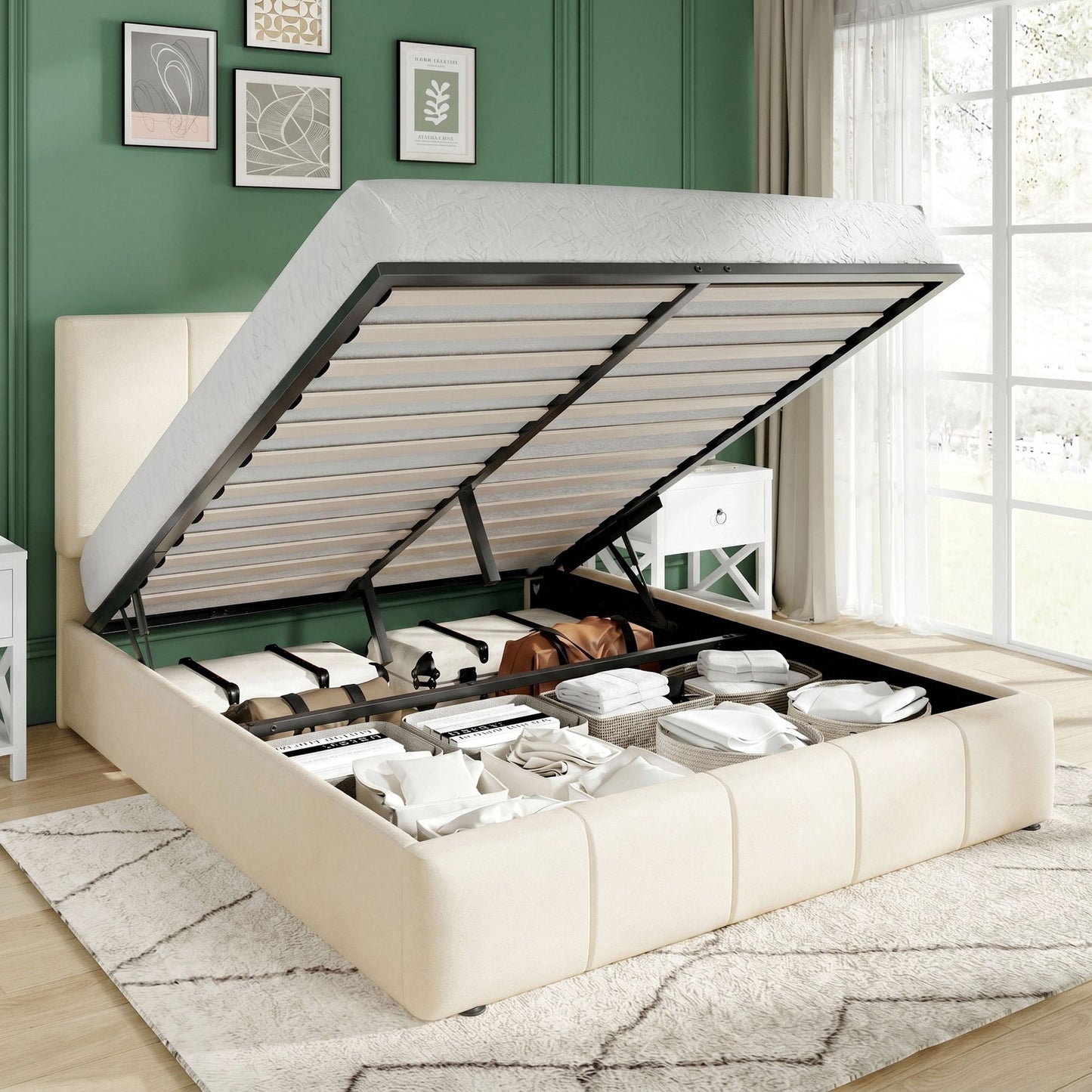Amolife Lift Up Storage Bed Frame, Velvet Upholstered Platform Bed with Adjustable Channel Headboard