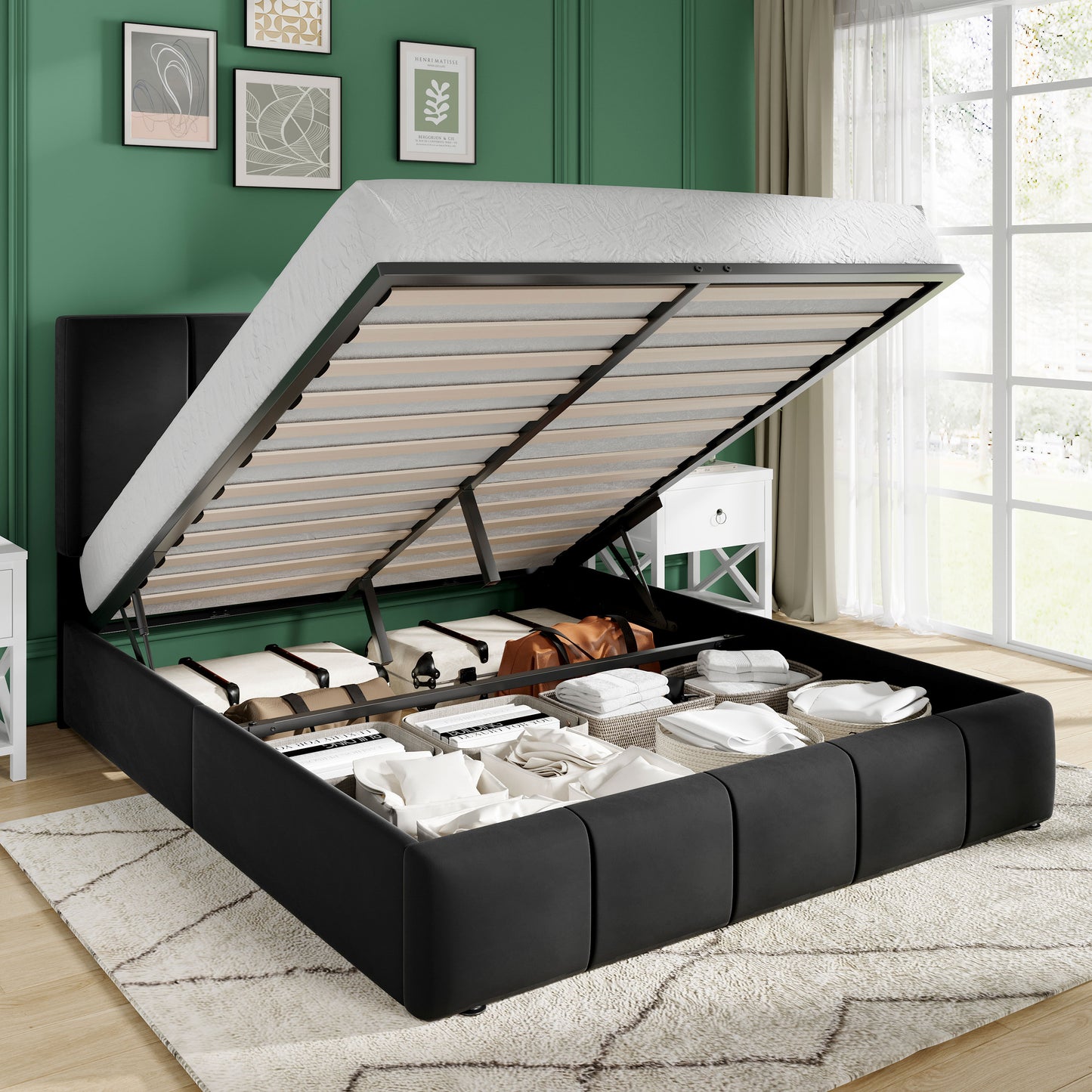 Amolife Lift Up Storage Bed Frame, Velvet Upholstered Platform Bed with Adjustable Channel Headboard