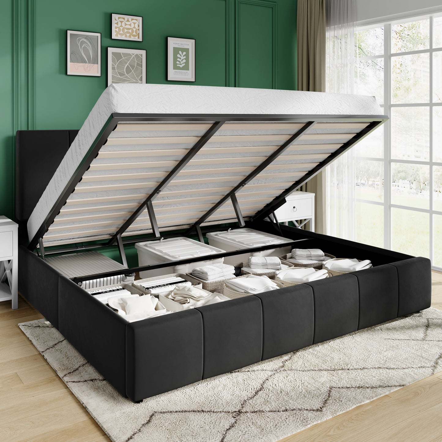 Amolife Lift Up Storage Bed Frame, Velvet Upholstered Platform Bed with Adjustable Channel Headboard