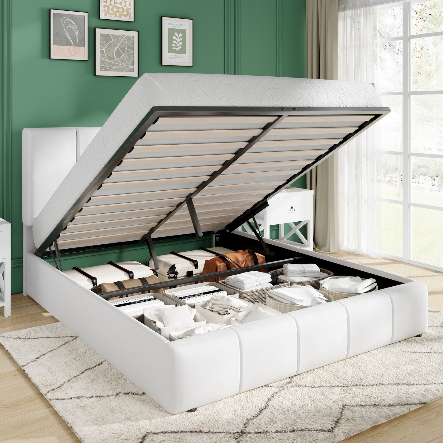 Amolife Lift Up Storage Bed Frame, Velvet Upholstered Platform Bed with Adjustable Channel Headboard