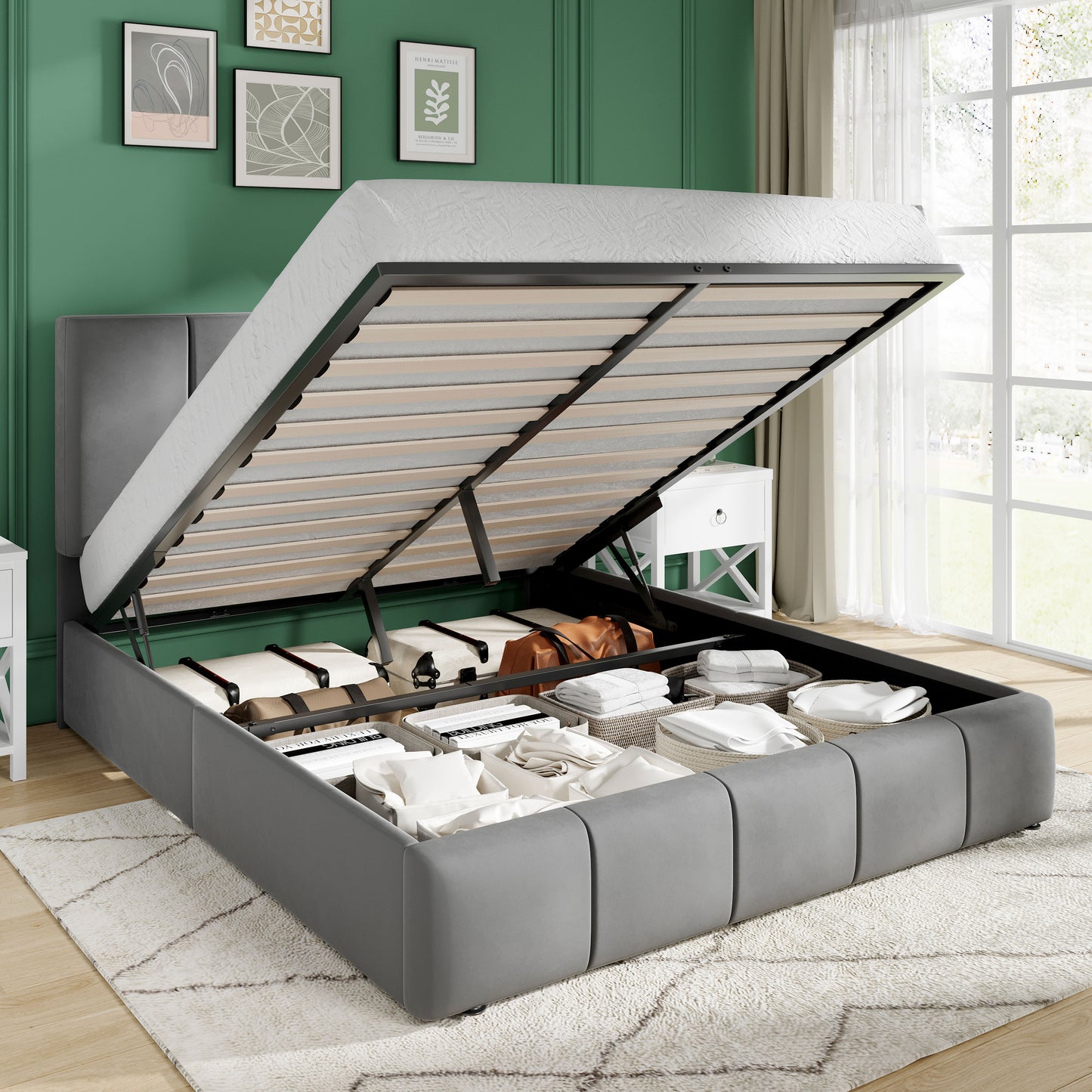 Amolife Lift Up Storage Bed Frame, Velvet Upholstered Platform Bed with Adjustable Channel Headboard