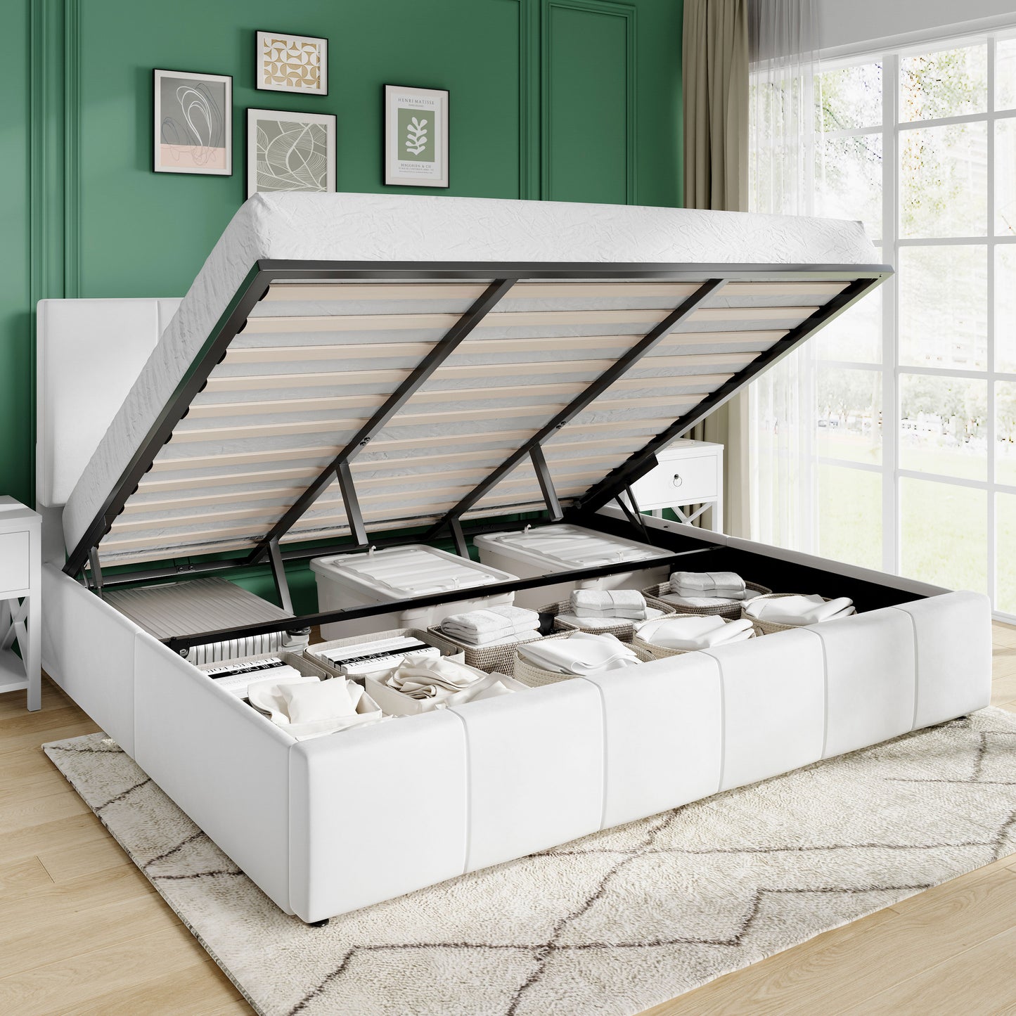 Amolife Lift Up Storage Bed Frame, Velvet Upholstered Platform Bed with Adjustable Channel Headboard
