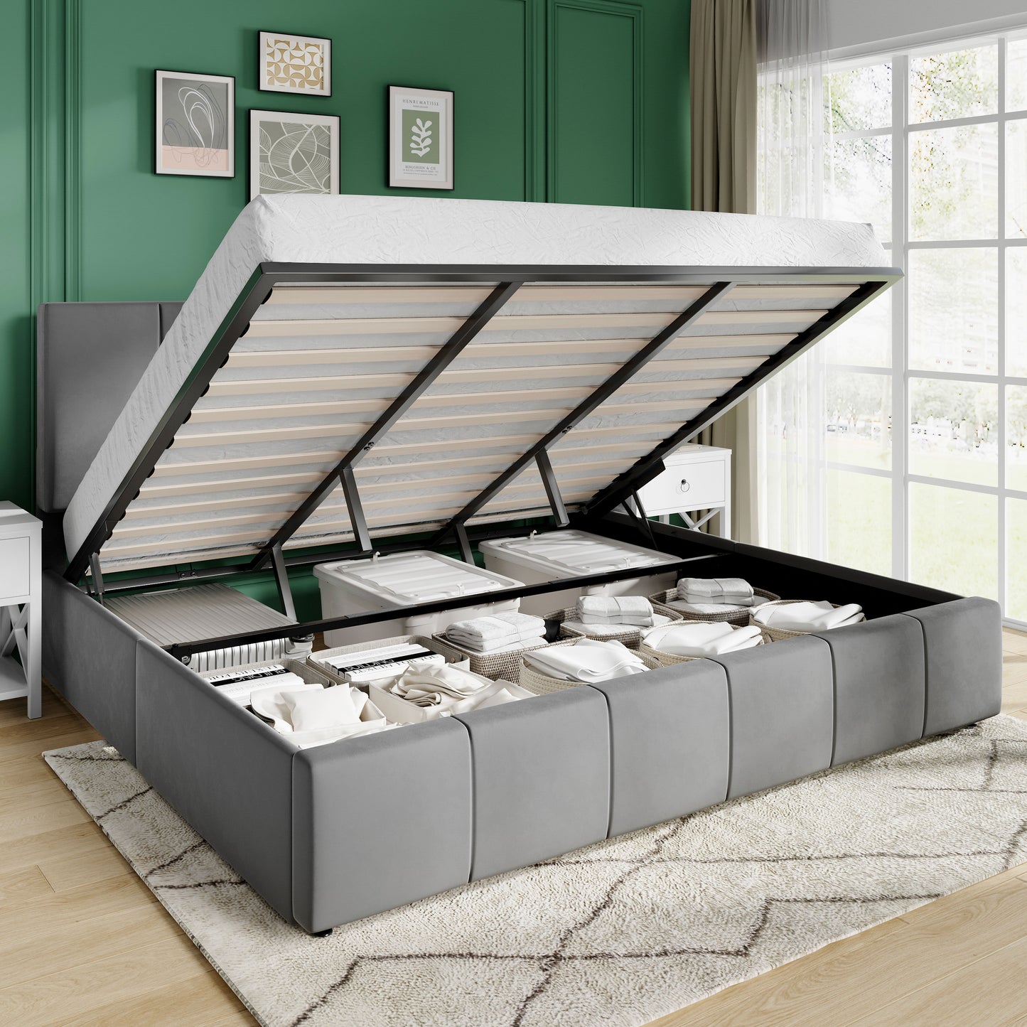 Amolife Lift Up Storage Bed Frame, Velvet Upholstered Platform Bed with Adjustable Channel Headboard