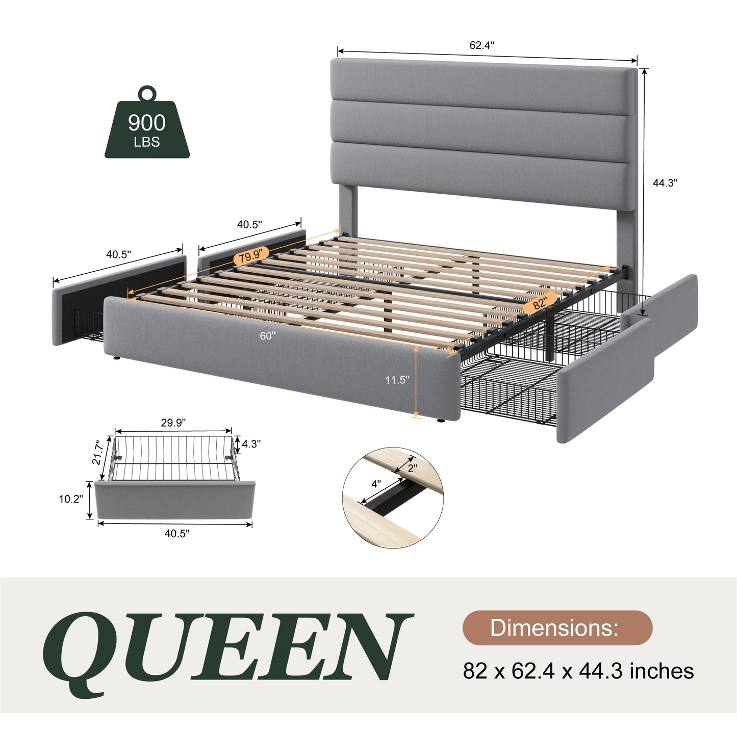 Amolife Upholstered Platform Bed Frame with 4 Storage Drawers & Velvet Slat Headboard