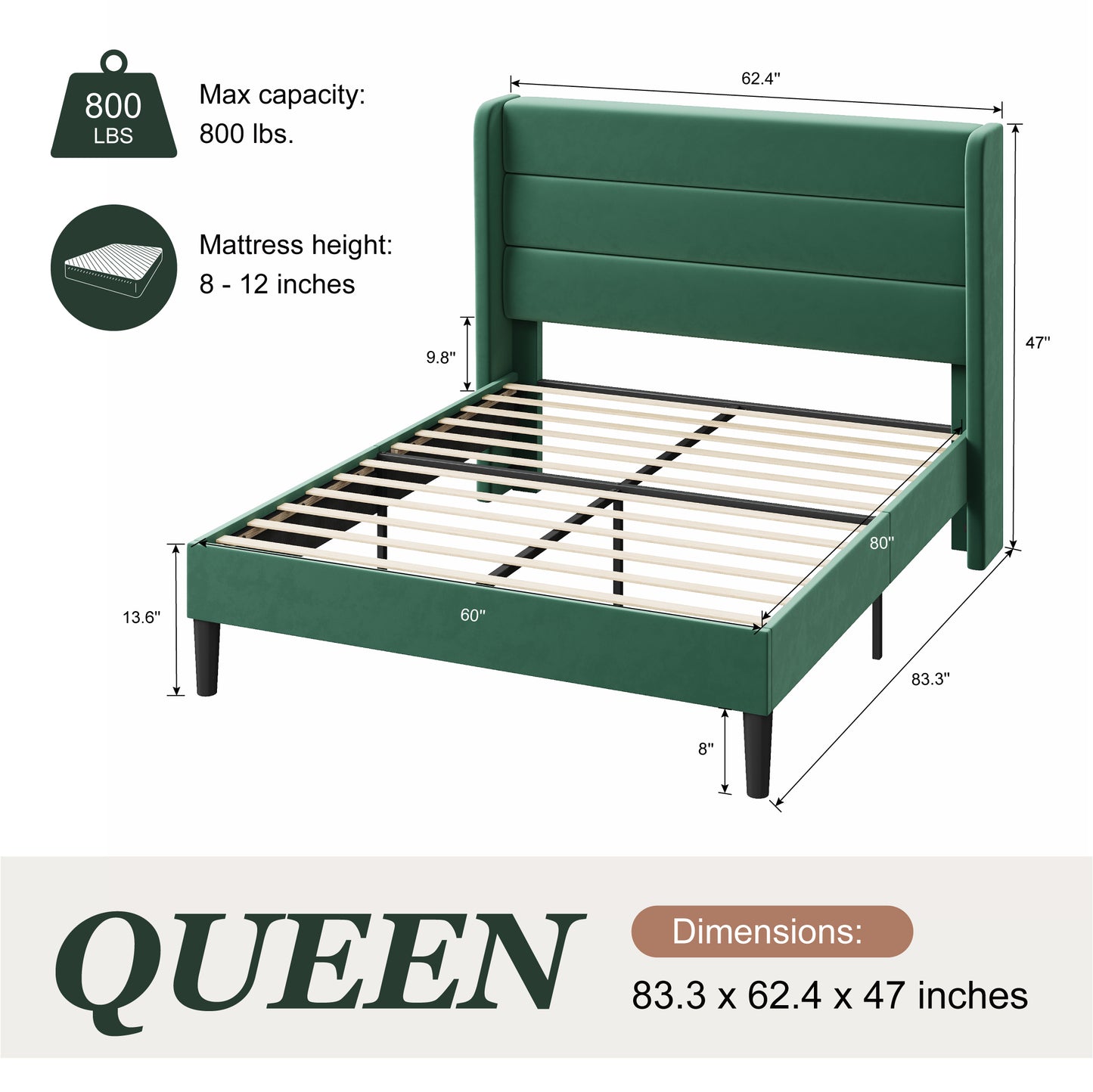 Amolife Platform Bed Frame with Velvet Upholstered Wingback Headboard