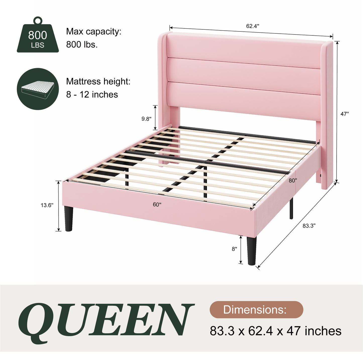 Amolife Platform Bed Frame with Velvet Upholstered Wingback Headboard