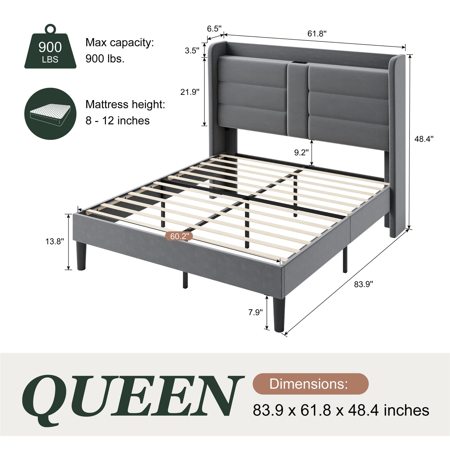 Amolife Upholstered Platform Bed Frame with Velvet Wingback Headboard & USB Charging Ports, No Box Spring Needed