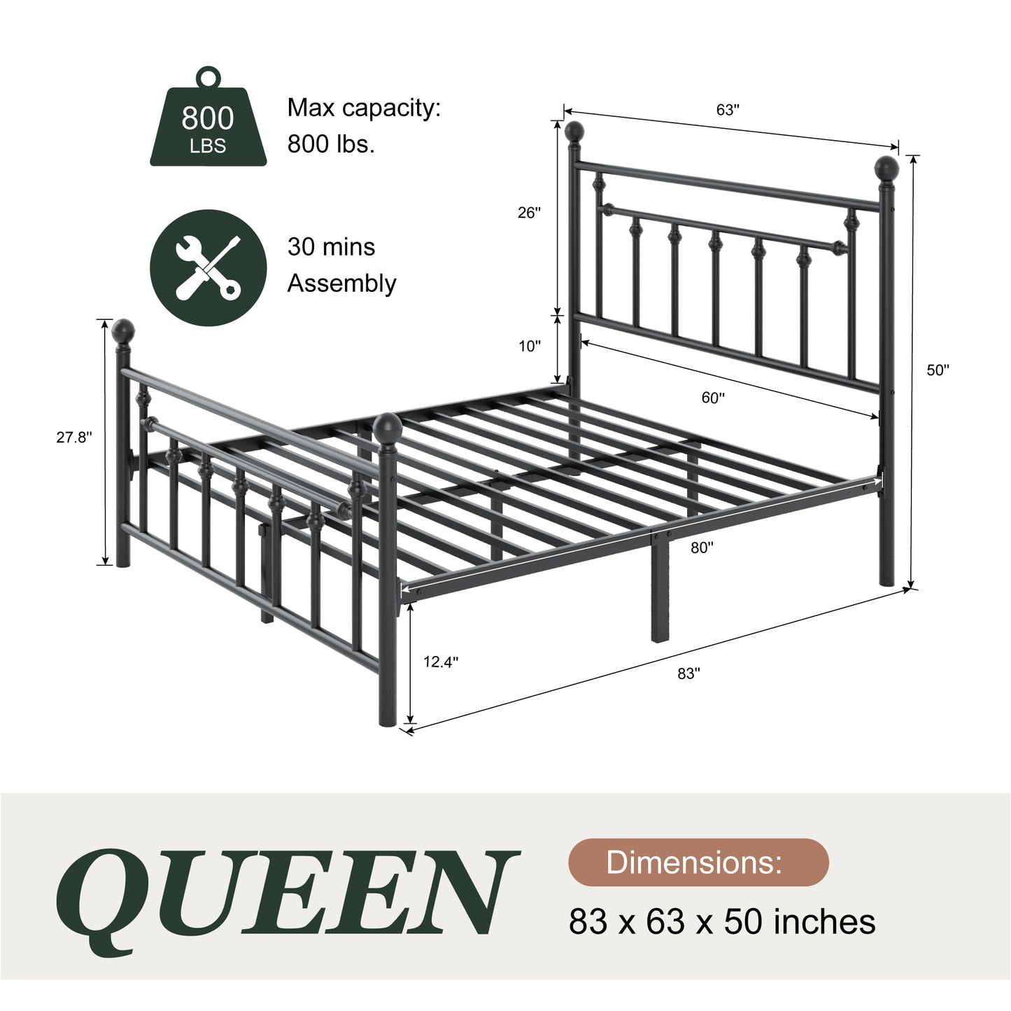 Amolife Metal Platform Bed Frame with Vintage Pattern Headboard