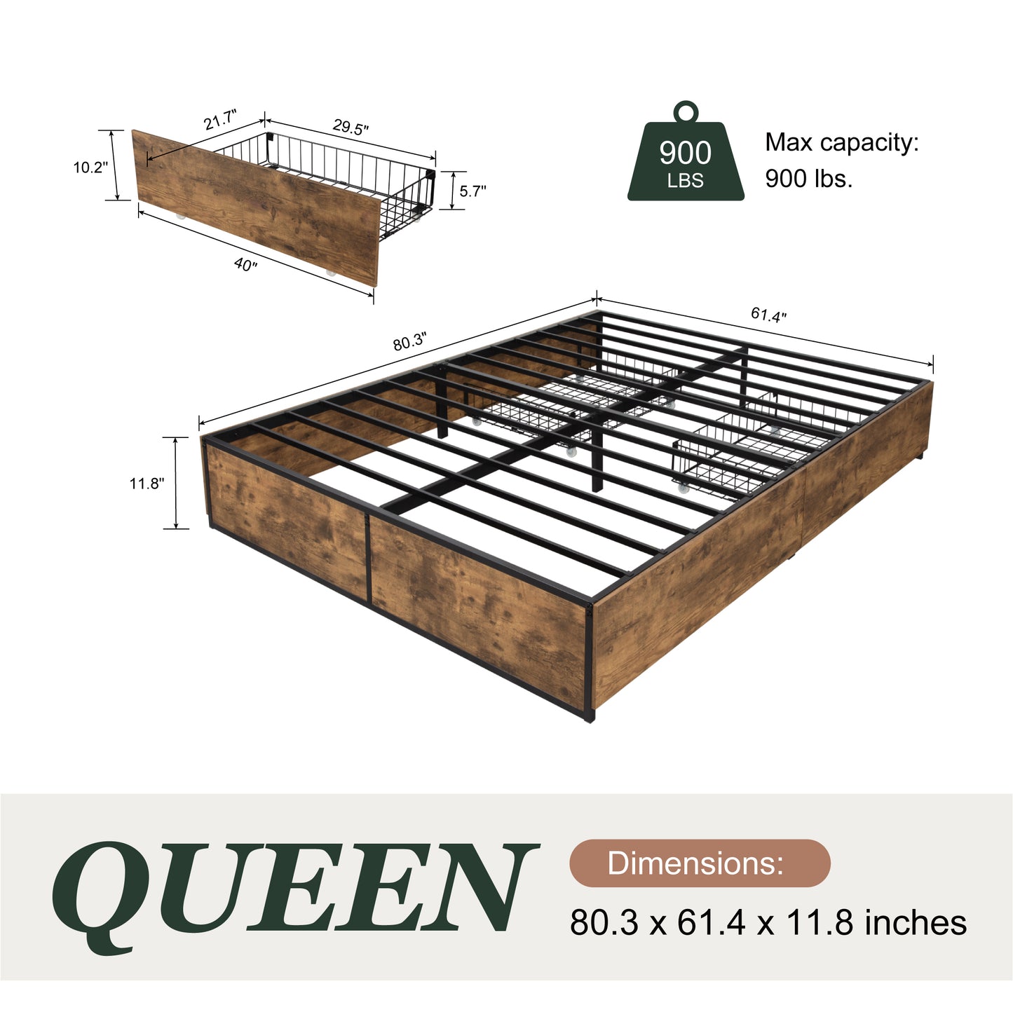 Amolife Platform Bed Frame with 2 Lockable Storage Drawers and Metal Slats