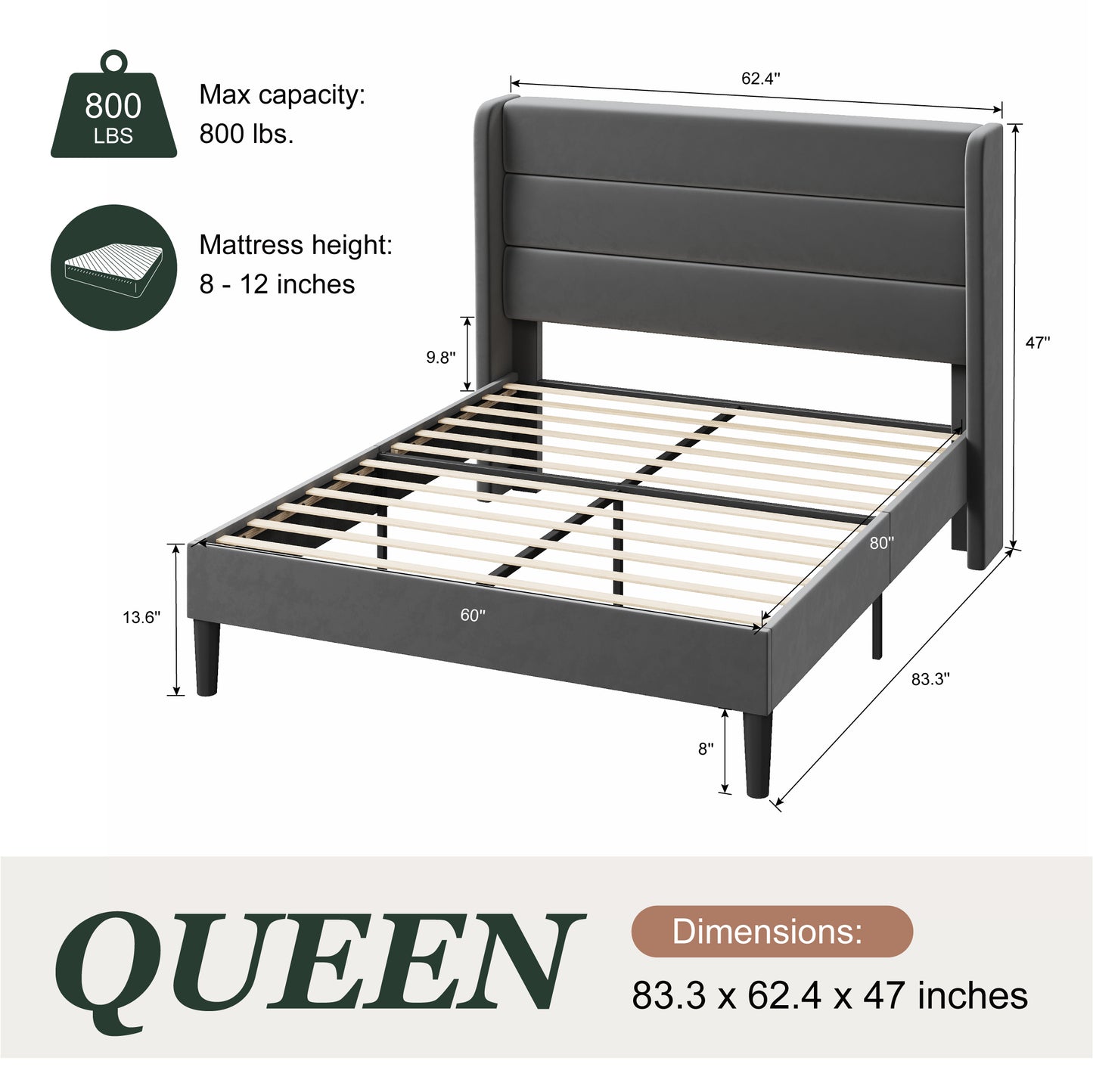 Amolife Platform Bed Frame with Velvet Upholstered Wingback Headboard