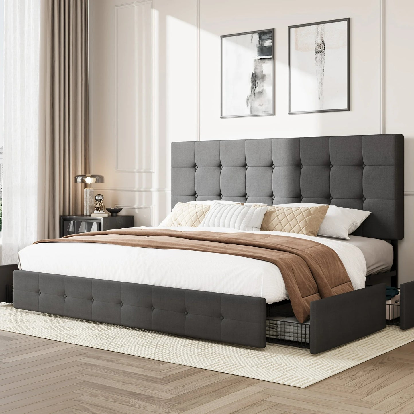 Amolife Platform Bed Frame with Square-stitched or Diamond-stitched Headboard and 4 Drawers