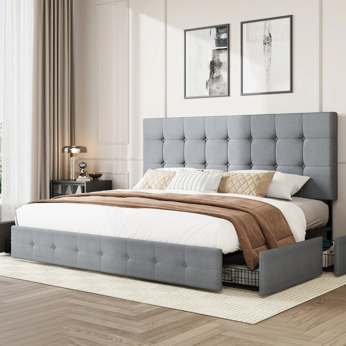 Amolife Platform Bed Frame with Square-stitched or Diamond-stitched Headboard and 4 Drawers