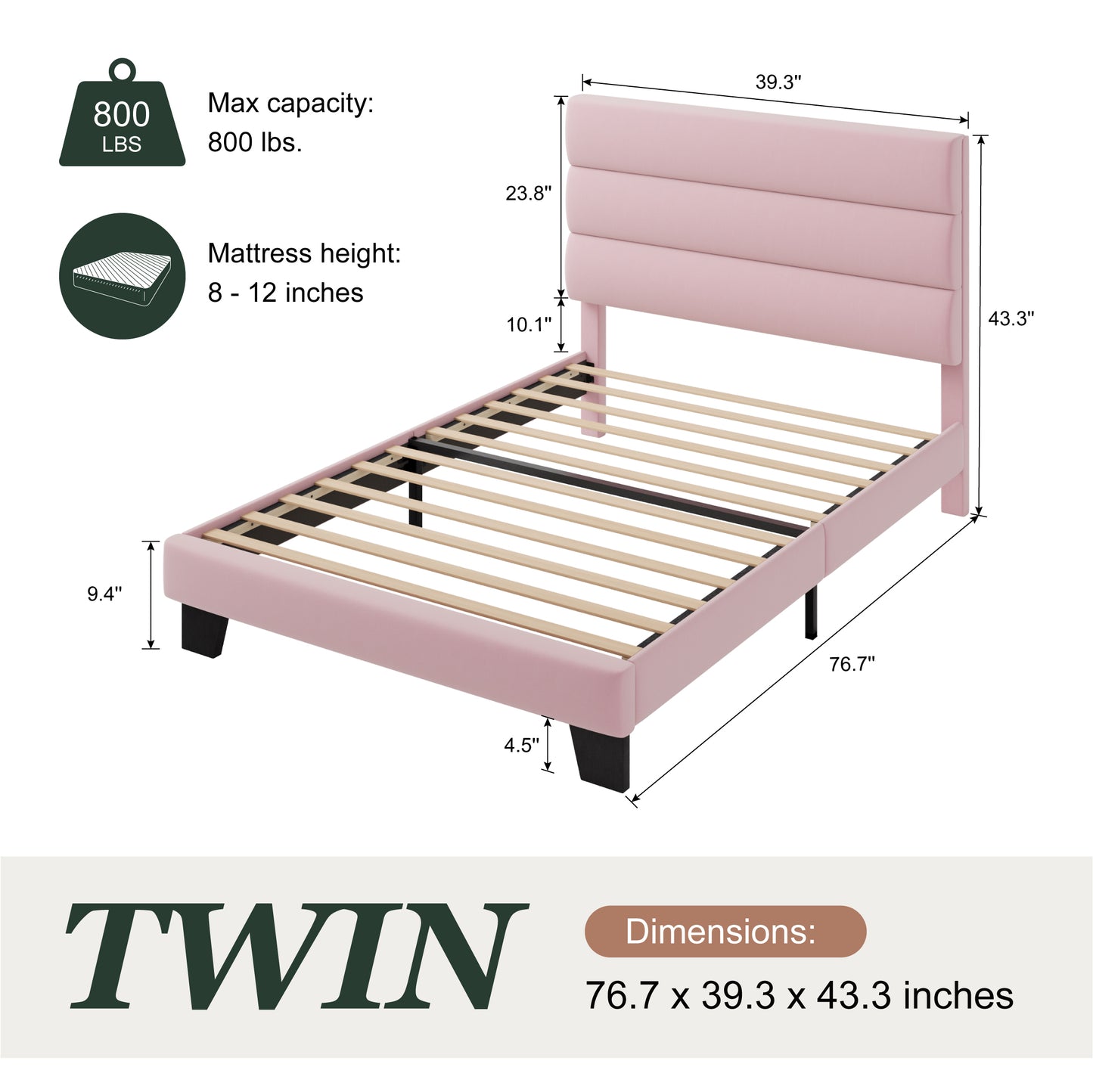 Amolife Twin Size Platform Bed Frame with Upholstered Slat Headboard, No Box Spring Needed