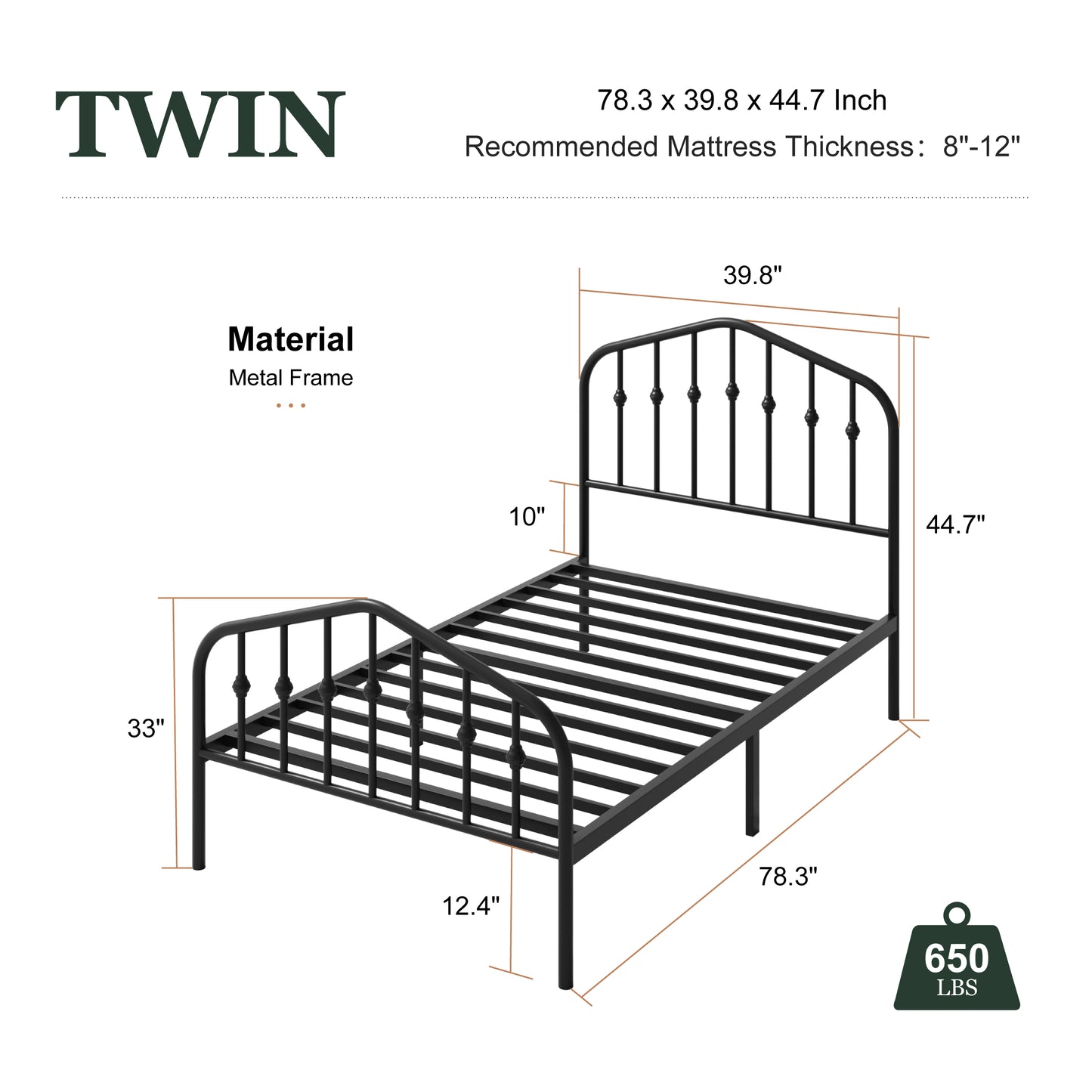 Amolife Vintage Metal Bed Frame with Delicate Headboard and Footboard