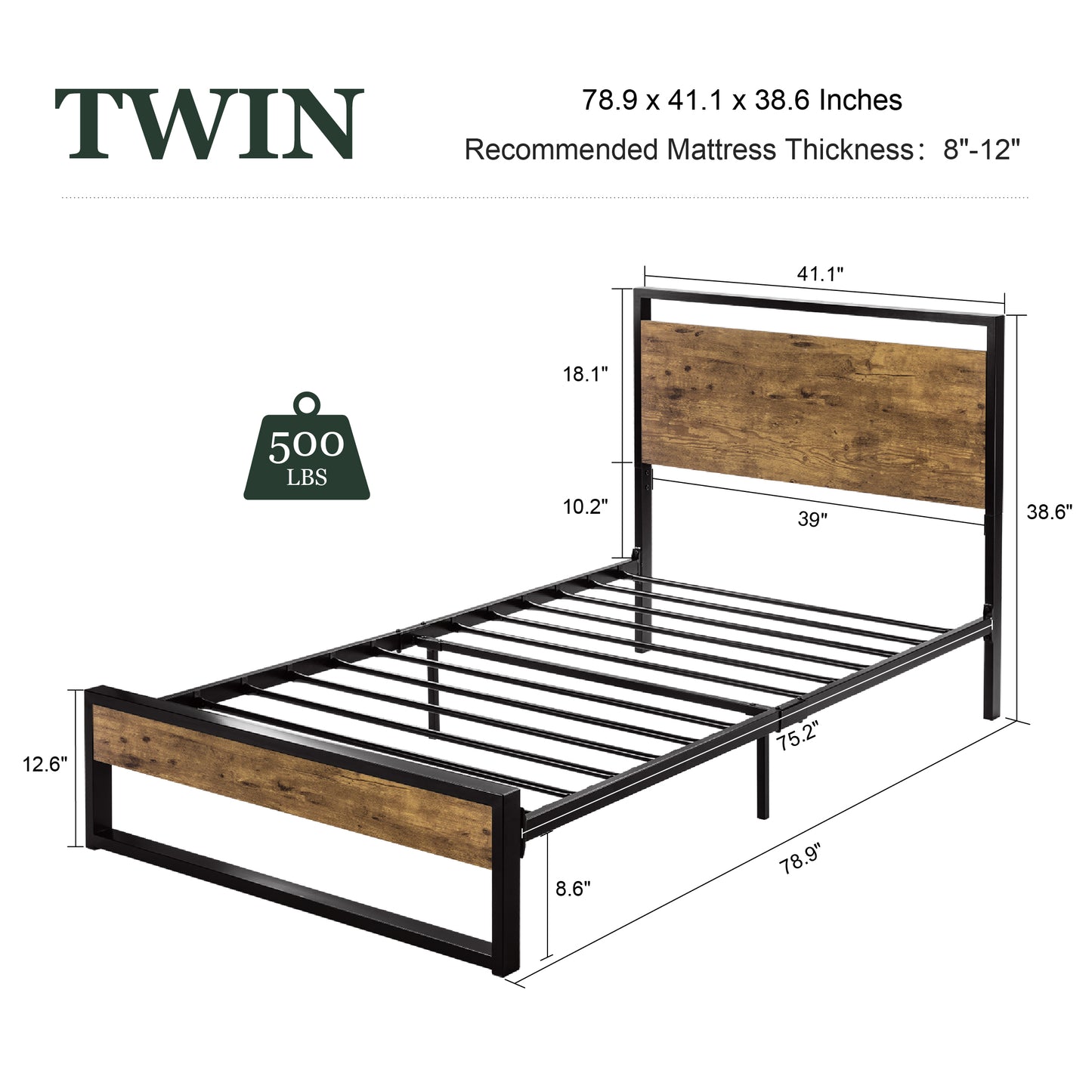 Modern Bed Frame with Wooden Industrial Headboard, Noise Free Design