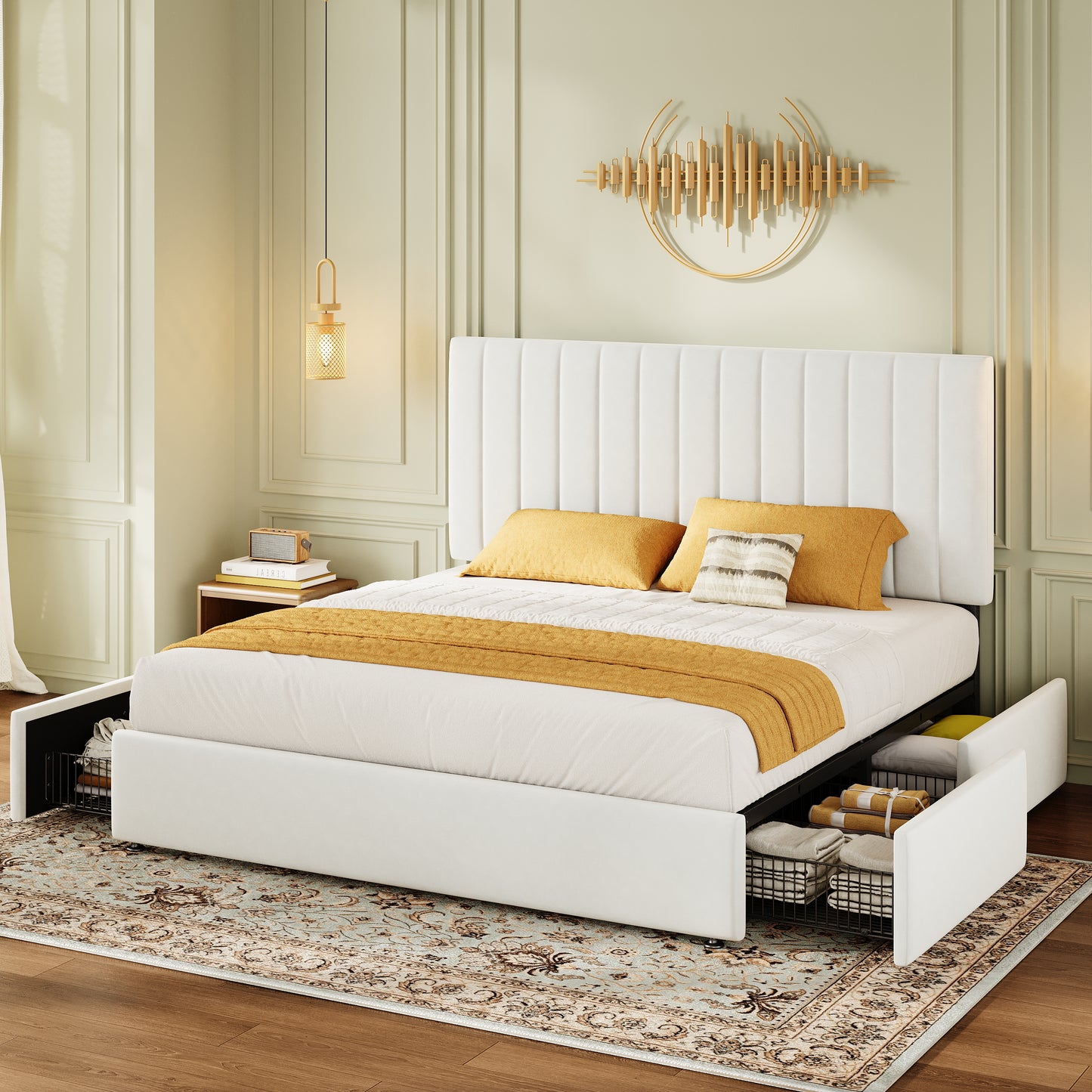 Amolife Bed Frame with Adjustable Velvet-wrapped Headboard and 4 Storage Drawers