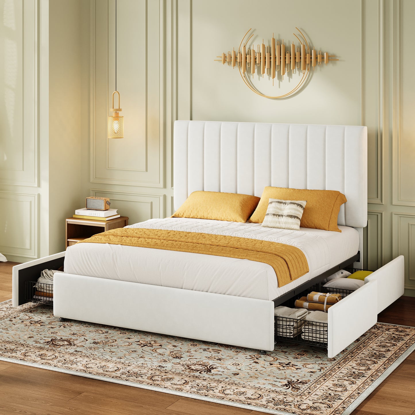 Amolife Bed Frame with Adjustable Velvet-wrapped Headboard and 4 Storage Drawers