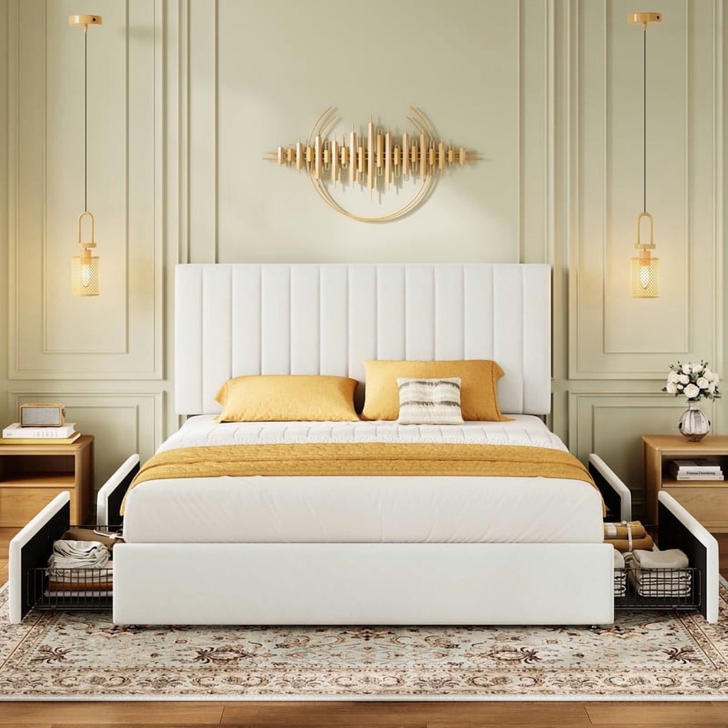Amolife Bed Frame with Adjustable Velvet-wrapped Headboard and 4 Storage Drawers