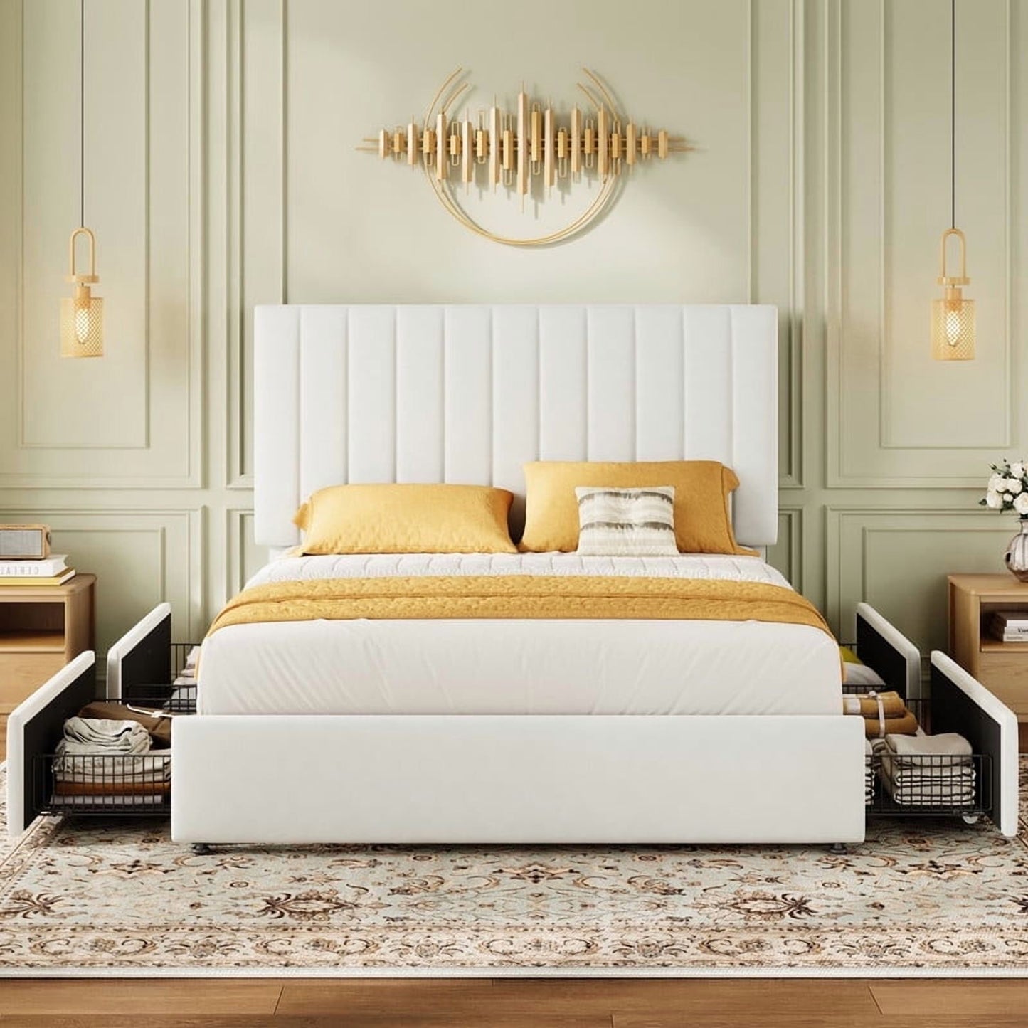 Amolife Bed Frame with Adjustable Velvet-wrapped Headboard and 4 Storage Drawers