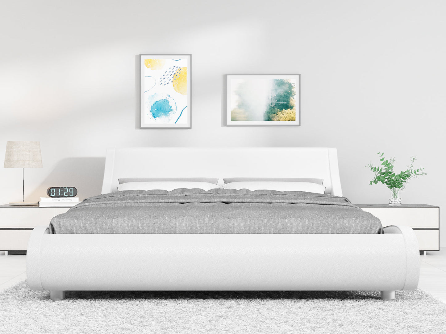 Platform Bed, Faux Leather Low Profile Sleigh Bed Frame with Adjustable Headboard, Wood Slat Support