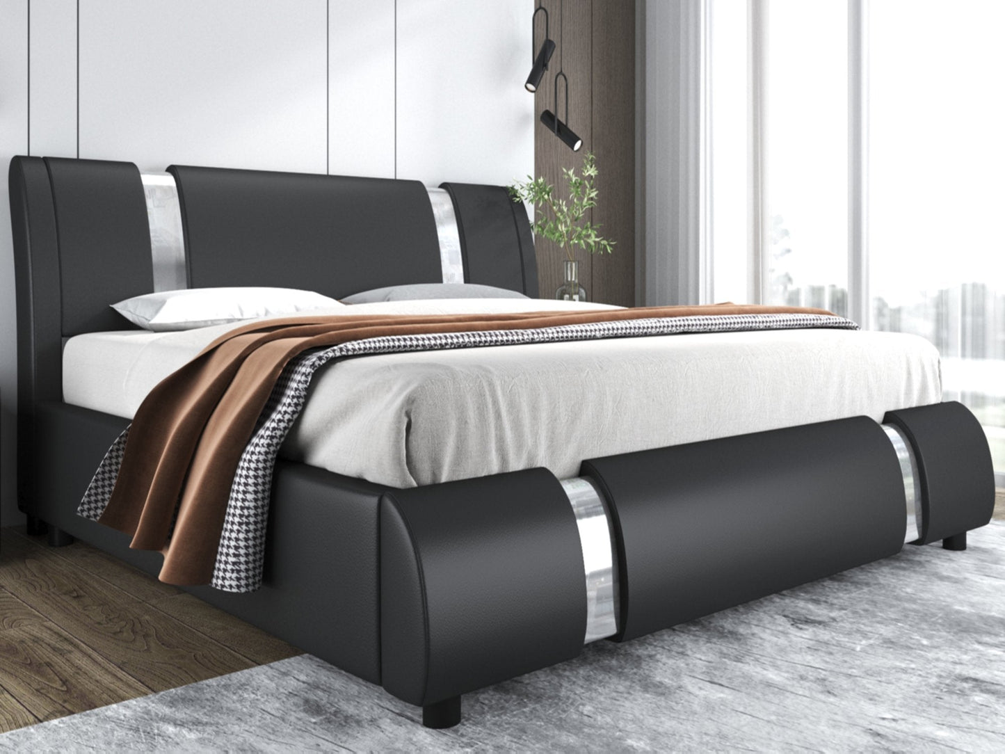 Upholstered Modern Bed with Iron Pieces Decor and Adjustable Headboard
