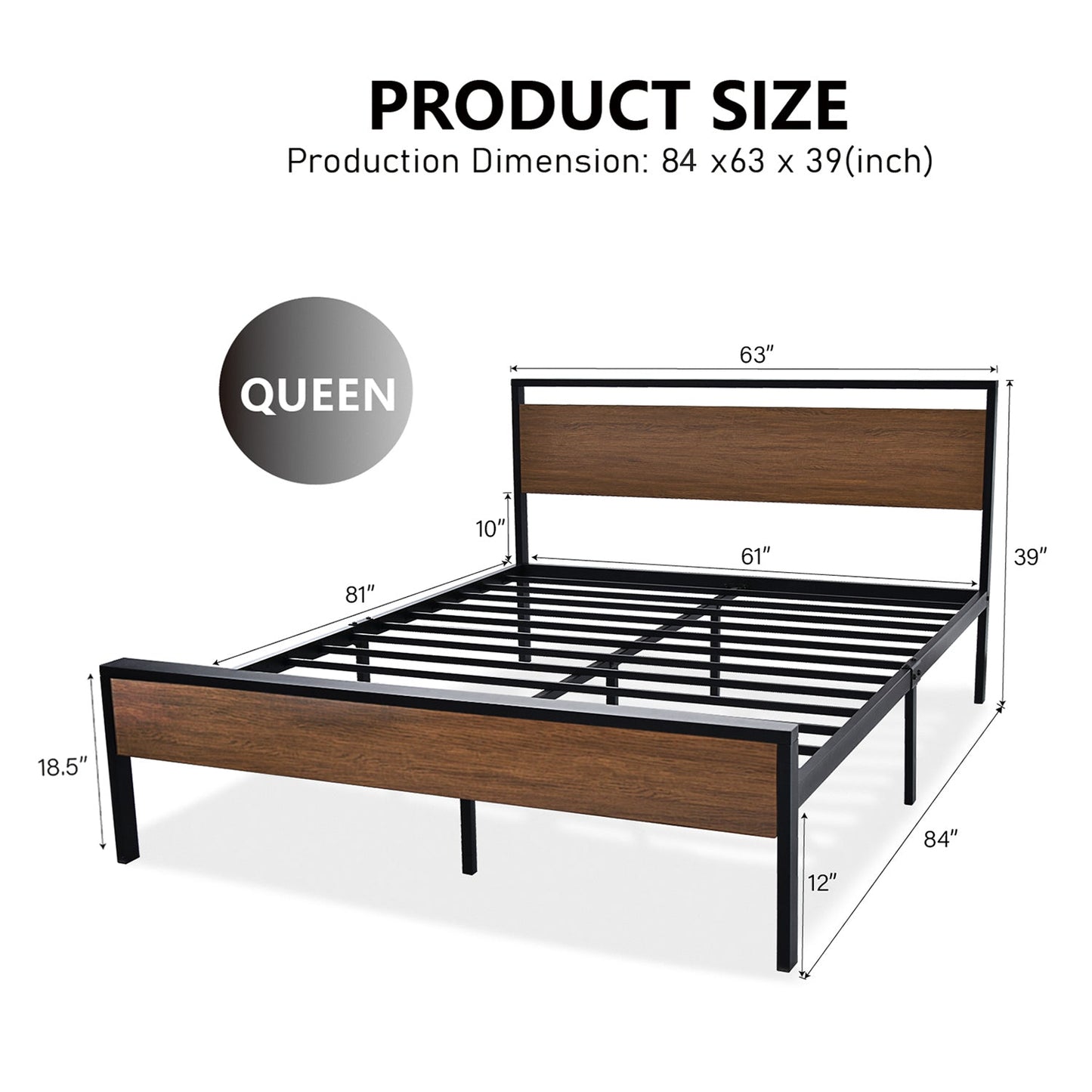 Metal Platform Bed Frame with Rustic Headboard
