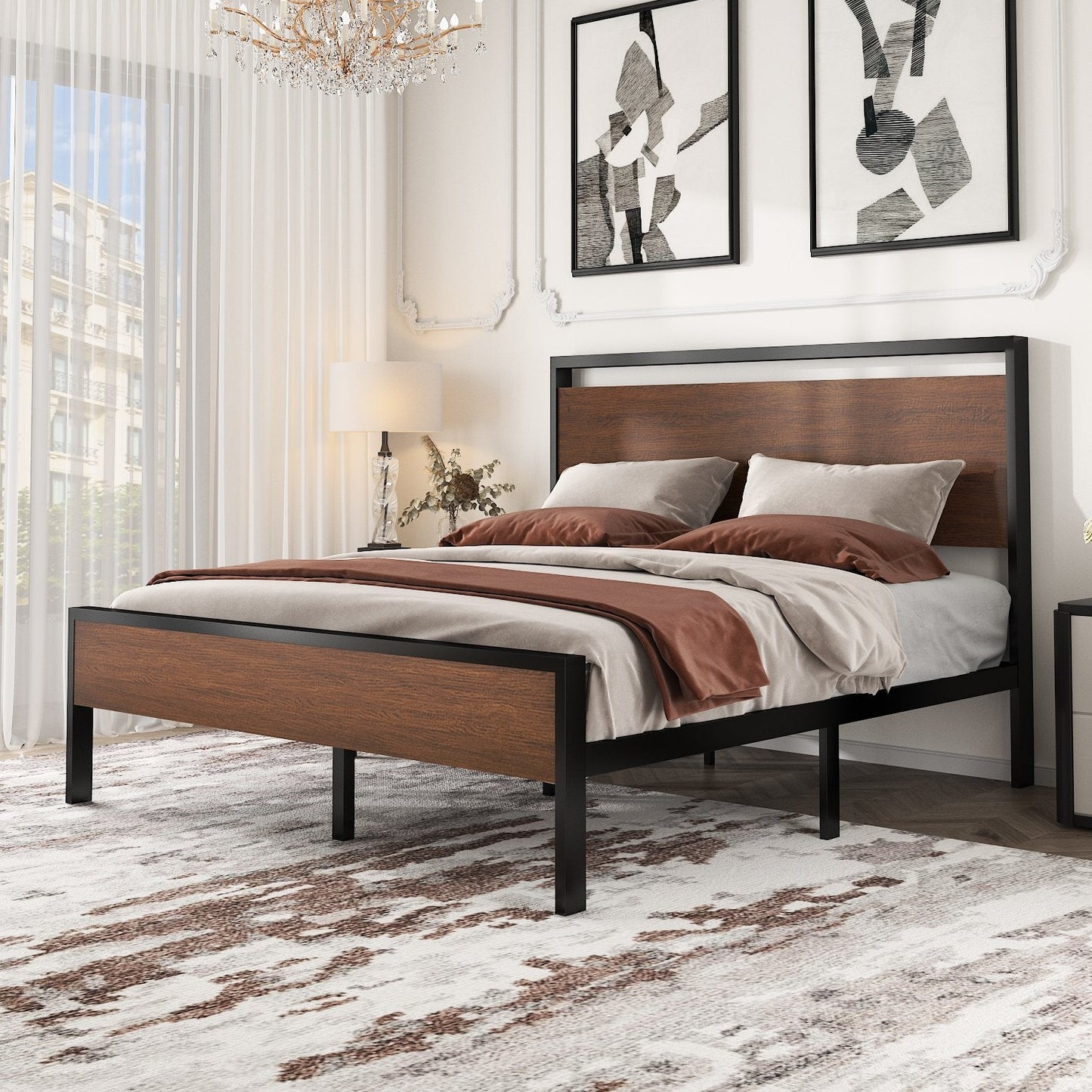 Metal Platform Bed Frame with Rustic Headboard