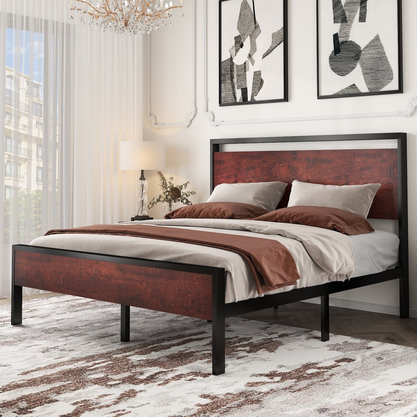 Metal Platform Bed Frame with Rustic Headboard