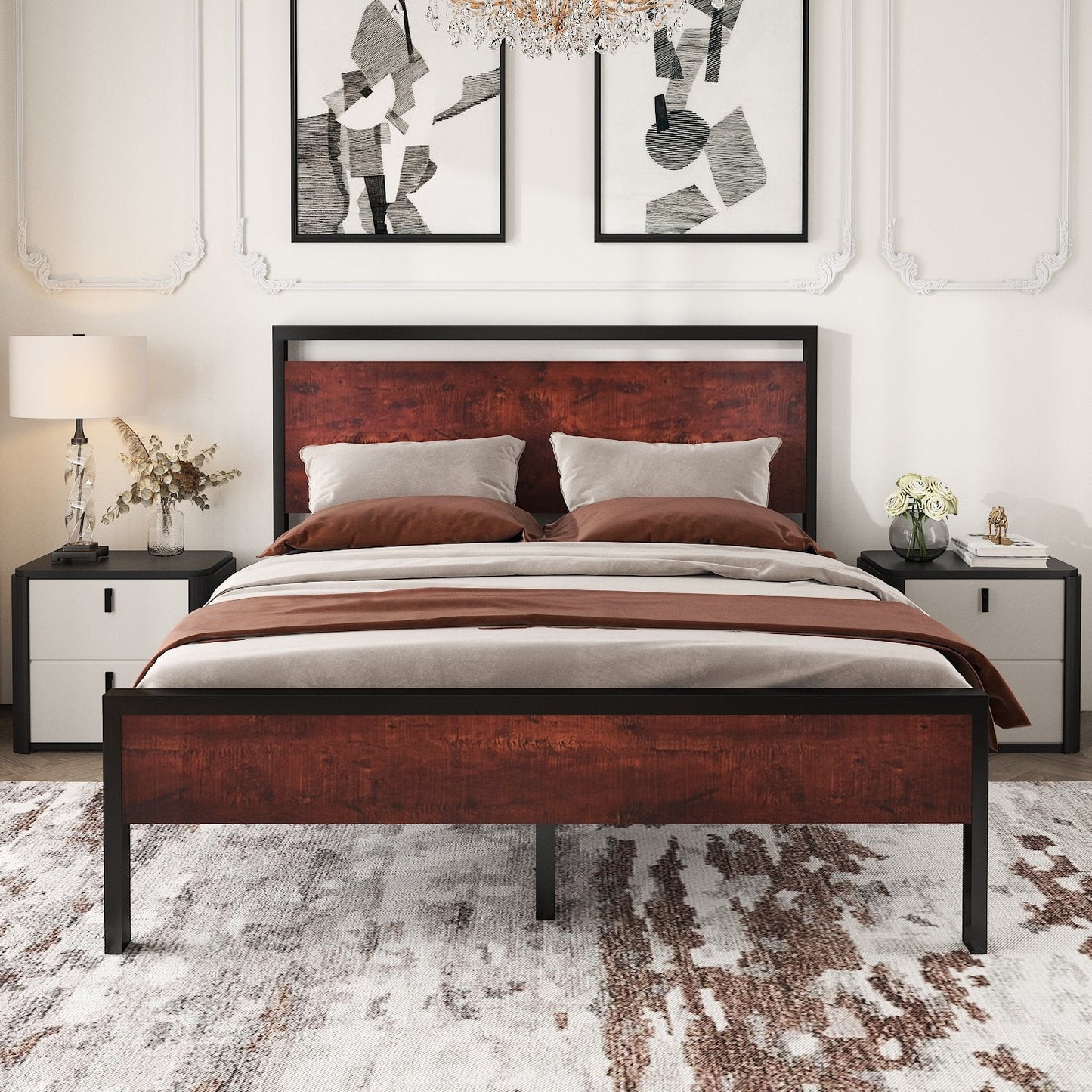 Metal Platform Bed Frame with Rustic Headboard