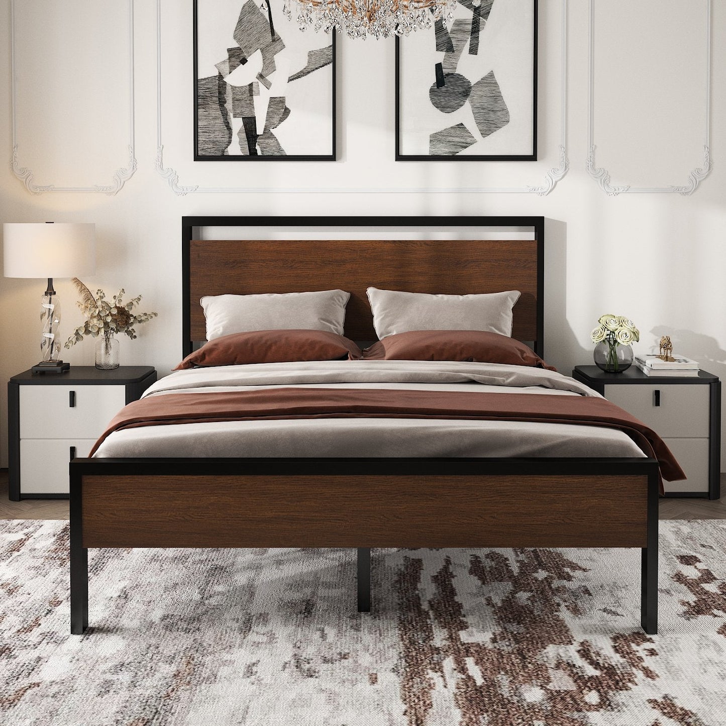 Metal Platform Bed Frame with Rustic Headboard