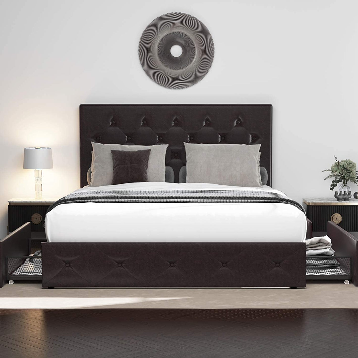 Amolife Faux Leather Platform Bed Frame with 4 Storage Drawers, Button Tufted Style Hedboard