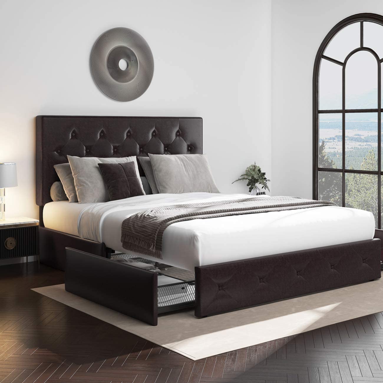 Amolife Faux Leather Platform Bed Frame with 4 Storage Drawers, Button Tufted Style Hedboard