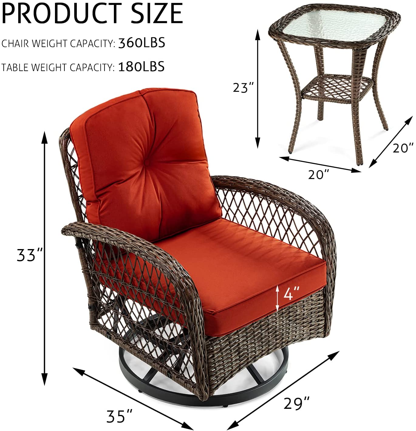 3 Pieces Patio Furniture Set, Outdoor Swivel Glider Rocker, Wicker Patio Bistro Set with Rocking Chair, Cushions and Table