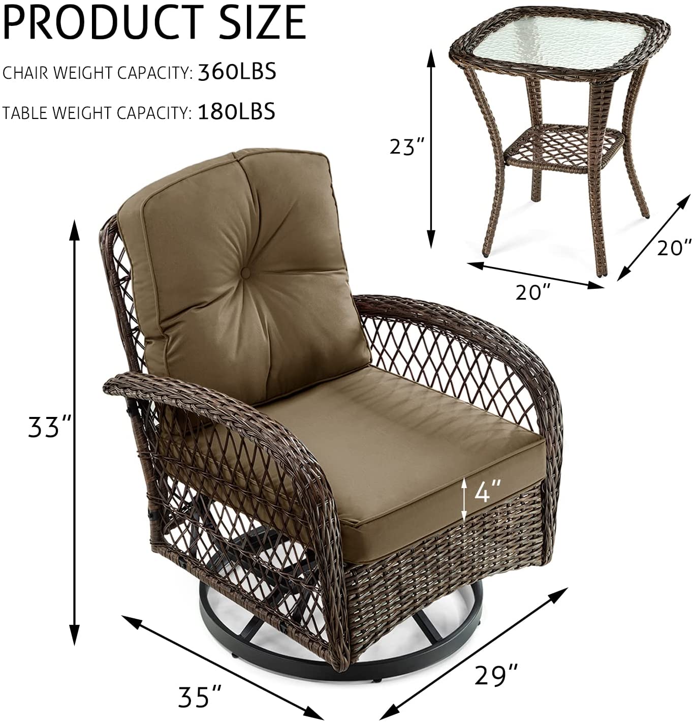 3 Pieces Patio Furniture Set, Outdoor Swivel Glider Rocker, Wicker Patio Bistro Set with Rocking Chair, Cushions and Table