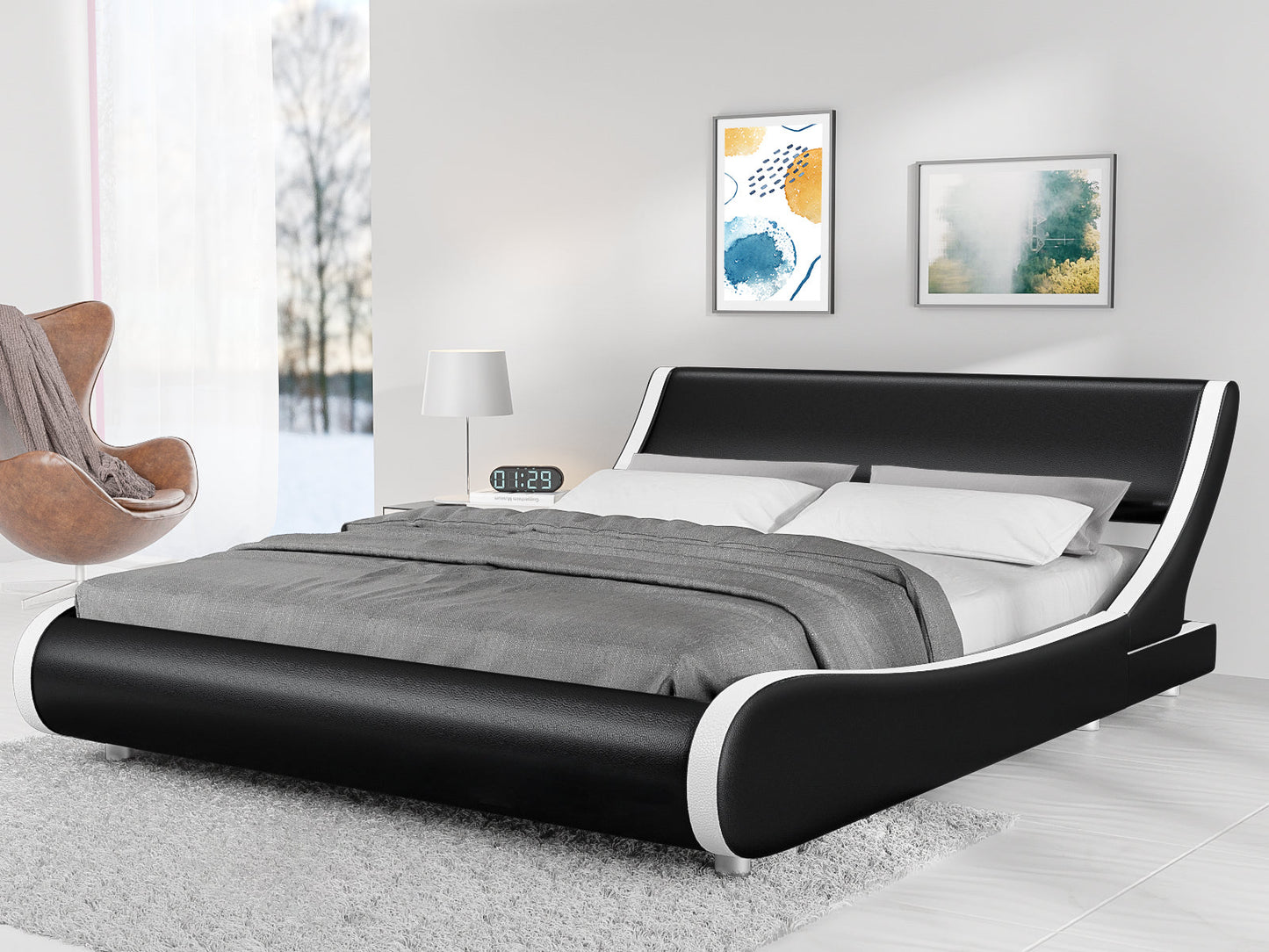 Platform Bed, Faux Leather Low Profile Sleigh Bed Frame with Adjustable Headboard, Wood Slat Support
