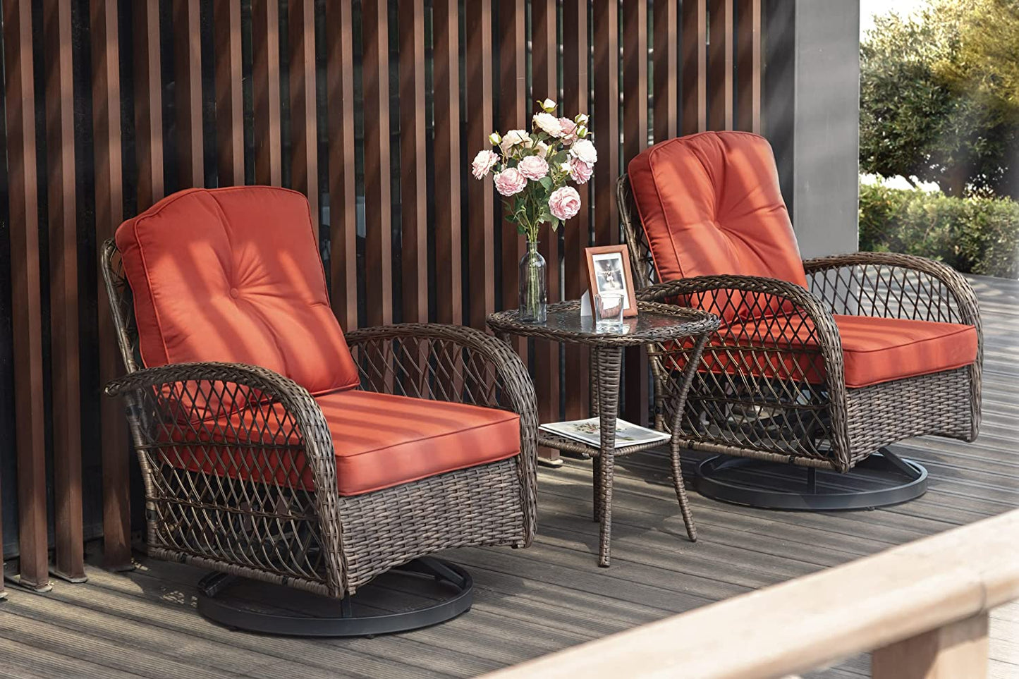3 Pieces Patio Furniture Set, Outdoor Swivel Glider Rocker, Wicker Patio Bistro Set with Rocking Chair, Cushions and Table