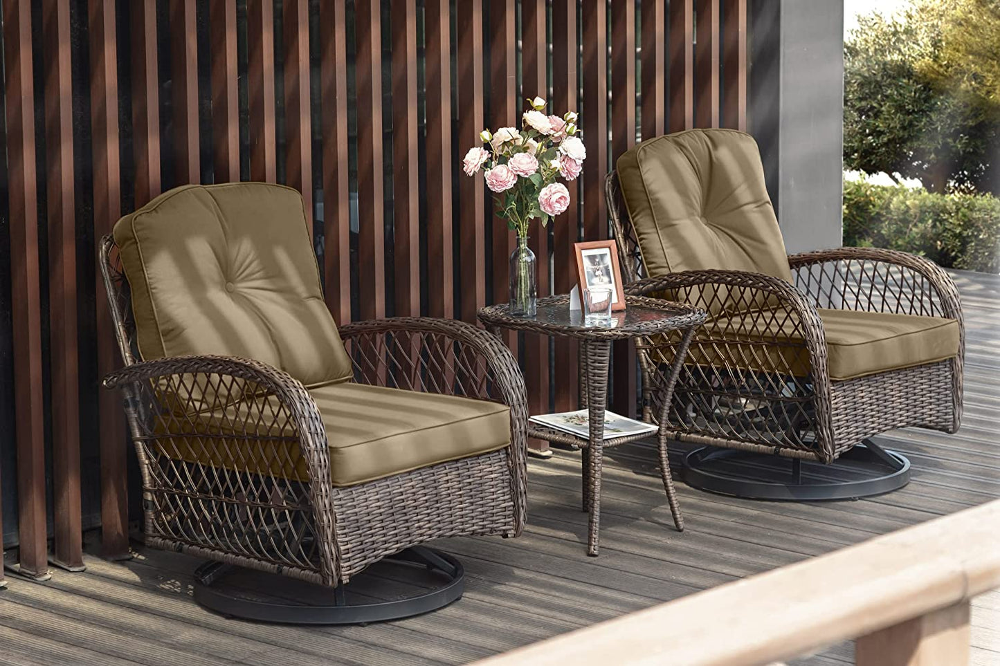 3 Pieces Patio Furniture Set, Outdoor Swivel Glider Rocker, Wicker Patio Bistro Set with Rocking Chair, Cushions and Table