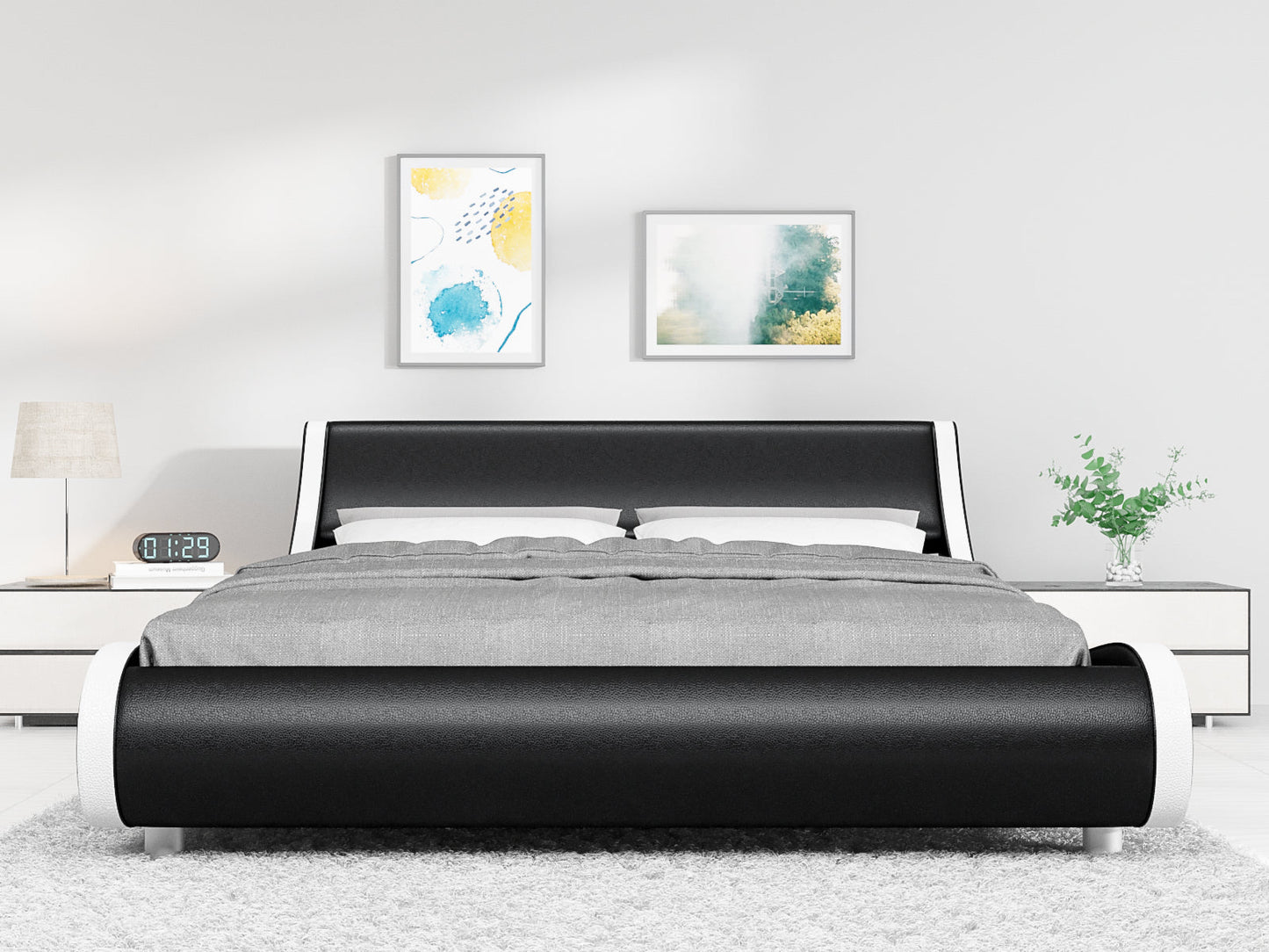 Platform Bed, Faux Leather Low Profile Sleigh Bed Frame with Adjustable Headboard, Wood Slat Support
